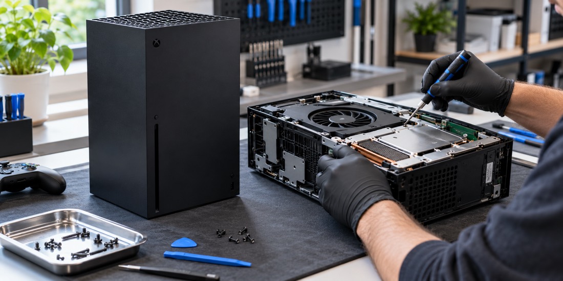 Technician repairing the internal components of an Xbox Series X console